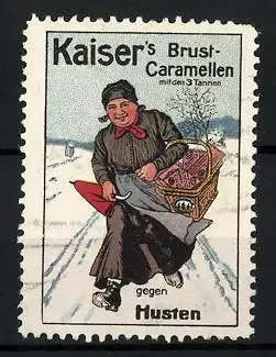 Reklamemarke Kaiser's Brust-Caramellen mit den 3 Tannen, gegen Husten, Marktfrau im Schnee