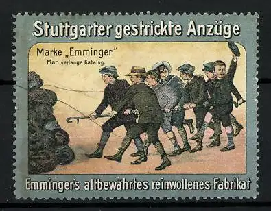 Reklamemarke Emminger - Stuttgarter gestrickte Anzüge, altbewährtes reinwollenes Fabrikat, Knaben mit Wolle
