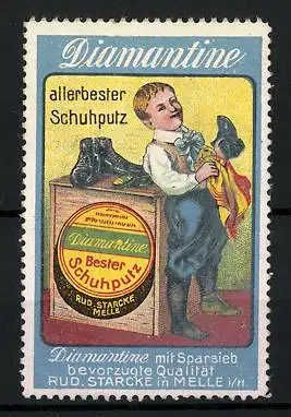 Reklamemarke Diamantine - allerbester Schuhputz, Rud. Starcke, Melle, Schuhputzer mit Stiefel in der Hand