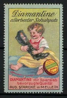 Reklamemarke Diamantine - allerbester Schuhputz, Rud. Starcke, Melle, Kind spiegelt sich in einem glänzenden Stiefel