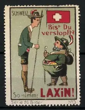 Reklamemarke Laxin - Abführmittel, Bist du verstopft? Schweizer im Gespräch, Flagge, Bild 3 von 20