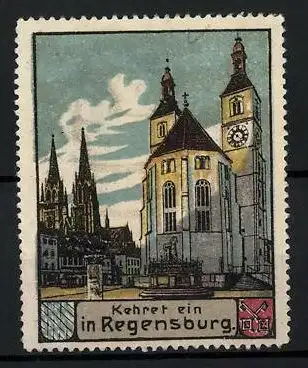 Reklamemarke Regensburg, Kirche und Brunnen, Stadtwappen