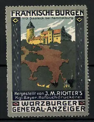 Reklamemarke Hammelburg, Burg Saaleck, Serie: Fränkische Burgen, Bild 3, Hofbuchdruckerei J. M. Richter