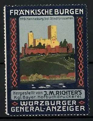 Reklamemarke Stadtprozelten, Henneburg, Serie: Fränkische Burgen, Bild 9, Hofbuchdruckerei J. M. Richter