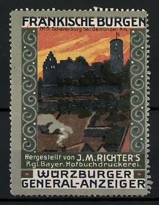 Reklamemarke Gemünden a. M., Scherenburg, Serie: Fränkische Burgen, Bild 5, Hofbuchdruckerei J. M. Richter