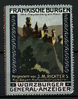 Reklamemarke Serie: Freudenberg a. Main, Burg, Fränkische Burgen, Bild 4, Hofbuchdruckerei J. M. Richter