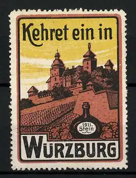 Reklamemarke Würzburg, Schloss und Weinflasche
