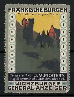 Reklamemarke Miltenberg a. Main, Burg, Serie: Fränkische Burgen, Bild 1, Hofbuchdruckerei J. M. Richter