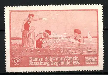 Reklamemarke Augsburg, Damen Schwimm Verein, gegr. 1908, drei Damen am Seeufer