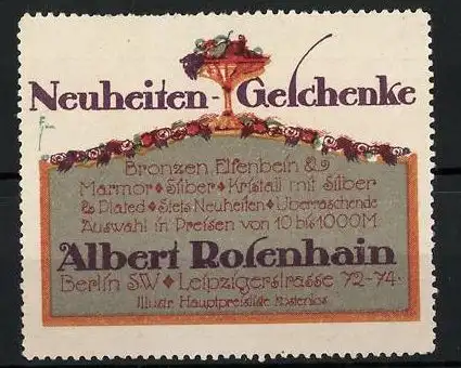 Reklamemarke Neuheiten-Geschenke von Albert Rosenheim, Leipzigerstr. 72-74, Berlin