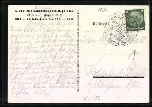 Künstler-AK Breslau, 12. Deutsches Sängerbundesfest 1937, Dom & Kreuzkirche