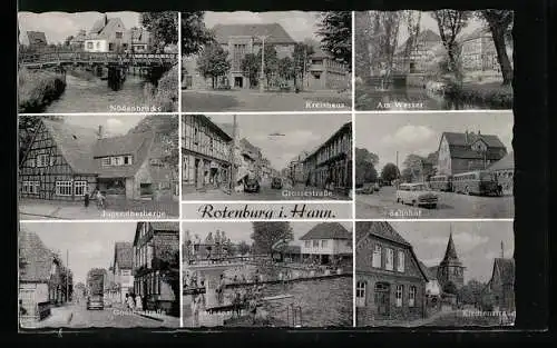 AK Rotenburg / Hann., Bahnhof, Jugendherberge, Goethestr., Nödenbrücke, Kreishaus, am Wasser, Kirchstr., Badeanstalt