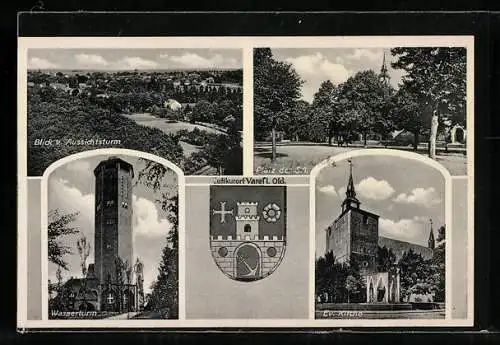 AK Varel / Oldenburg, Wasserturm, Kirche, Wappen, Platz der SA
