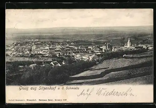 AK Sitzendorf an der Schmieda, Ortsansicht mit Fernblick aus der Vogelschau