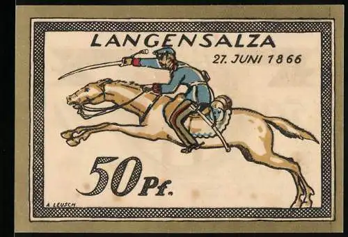 Notgeld Langensalza 1921, 50 Pfennig, Kavallerist aus dem Jahre 1866, Ortswappen