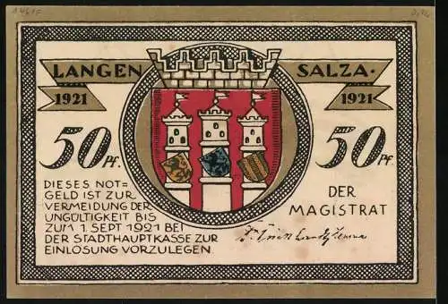 Notgeld Langensalza 1921, 50 Pfennig, Kavallerist aus dem Jahre 1866, Ortswappen