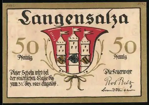 Notgeld Langensalza 1921, 50 Pfennig, Gott zur Ehr, dem Nächsten zur Wehr, freiw. Turner-Feuerwehr von 1861