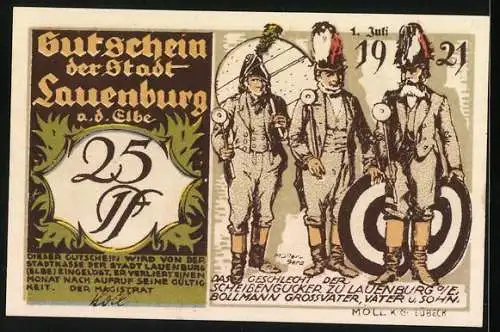 Notgeld Lauenburg a. d. Elbe 1921, 25 Pfennig, altes Kaufmannshaus, Knusperhäuschen, Scheibengucker Bollmann