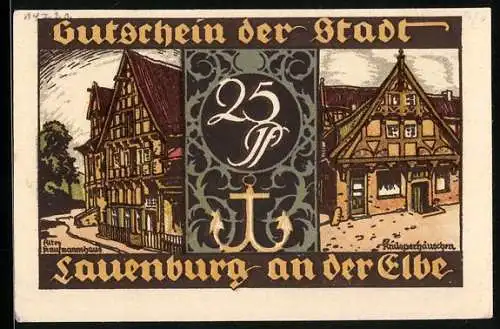 Notgeld Lauenburg a. d. Elbe 1921, 25 Pfennig, altes Kaufmannshaus, Knusperhäuschen, Scheibengucker Bollmann