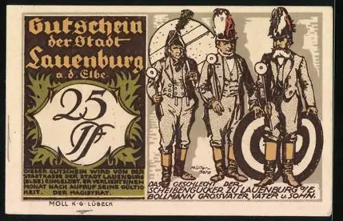 Notgeld Lauenburg a. d. Elbe 1921, 25 Pfennig, altes Kaufmannshaus, Knusperhäuschen, Scheibengucker Bollmann