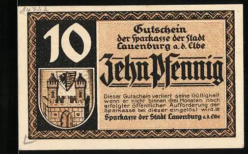 Notgeld Lauenburg a. d. Elbe, 10 Pfennig, Stadtwappen, Stadtpanorama