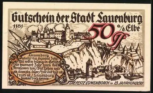 Notgeld Lauenburg a. d. Elbe 1921, 50 Pfennig, Stadtwappen, Stadtansicht, Feste Löwenborch im 13. Jahrhundert