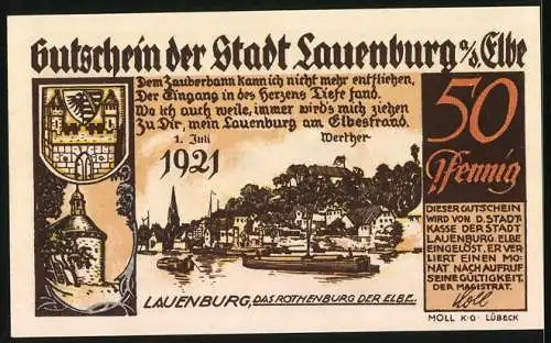 Notgeld Lauenburg a. d. Elbe 1921, 50 Pfennig, Stadtwappen, Stadtansicht, Feste Löwenborch im 13. Jahrhundert