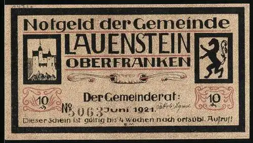 Notgeld Lauenstein / Oberfranken 1921, 10 Pfennig, Ortswappen, Turmberg und Figur