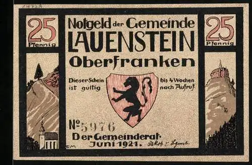 Notgeld Lauenstein / Oberfranken 1921, 25 Pfennig, Bergkirche, Schloss