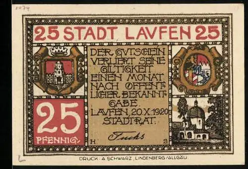 Notgeld Laufen a. S. 1920, 25 Pfennig, Stadtwappen, Kirche, Stadtansicht