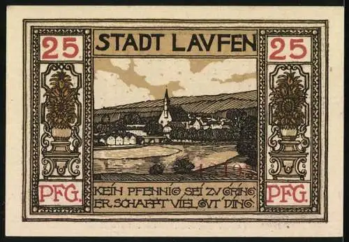 Notgeld Laufen a. S. 1920, 25 Pfennig, Stadtwappen, Kirche, Stadtansicht