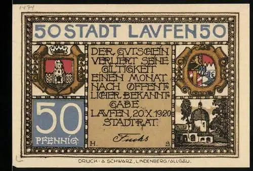 Notgeld Laufen a. S. 1920, 50 Pfennig, Stadtwappen, Kirche, Stadtansicht