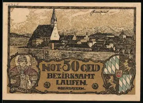 Notgeld Laufen / Oberbayern, 50 Pfennig, Ortswappen, St. Hubertus, Ortsansicht mit Kirche, Ansicht von Tittmoning