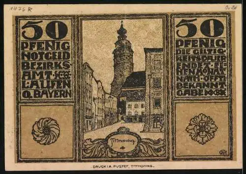 Notgeld Laufen / Oberbayern, 50 Pfennig, Ortswappen, St. Hubertus, Ortsansicht mit Kirche, Ansicht von Tittmoning