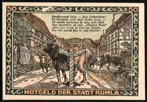 Notgeld Ruhla / Thüringen 1921, 50 Pfennig, Blick in eine alte Schmiede, Ortsansicht mit Kühen an einem Wegweiser