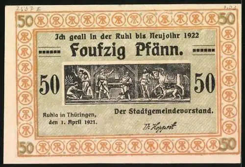 Notgeld Ruhla / Thüringen 1921, 50 Pfennig, Blick in eine alte Schmiede, Ortsansicht mit Kühen an einem Wegweiser