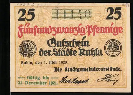 Notgeld Ruhla 1920, 25 Pfennig, Ortspanorama, Wappen