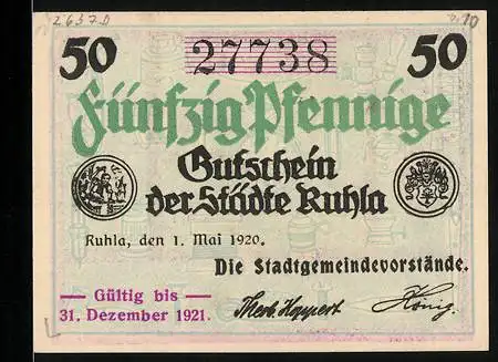 Notgeld Ruhla 1920, 50 Pfennig, Wappen, Ortspanorama