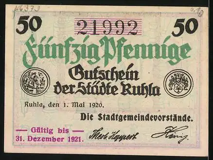 Notgeld Ruhla 1920, 50 Pfennig, Wappen, Ortspanorama