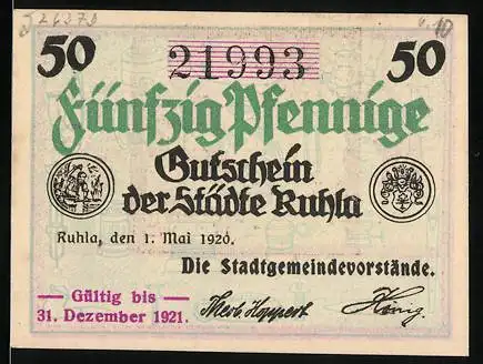Notgeld Ruhla 1920, 50 Pfennig, Wappen, Ortspanorama