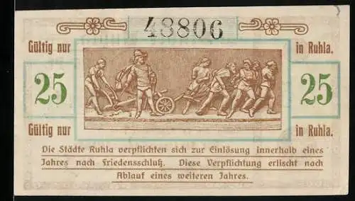 Notgeld Ruhla 1918, 25 Pfennig, Bauern mit Pflug auf dem Acker