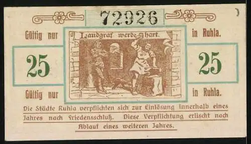 Notgeld Ruhla 1918, 25 Pfennig, Landgraf werde hart, Schmied am Ambos