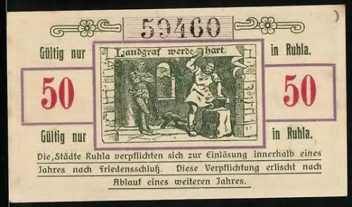 Notgeld Ruhla 1918, 50 Pfennig, Landgraf werde hart, Schmied am Ambos