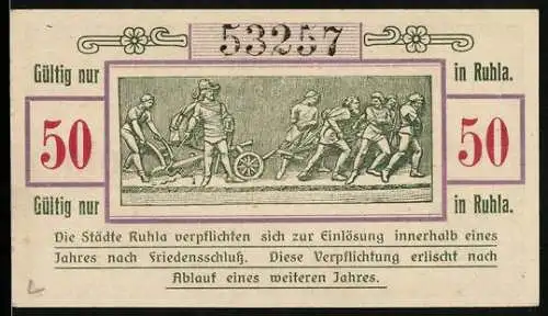 Notgeld Ruhla 1918, 50 Pfennig, Bauern mit Pflug auf dem Acker