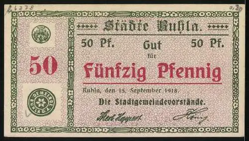 Notgeld Ruhla 1918, 50 Pfennig, Bauern mit Pflug auf dem Acker