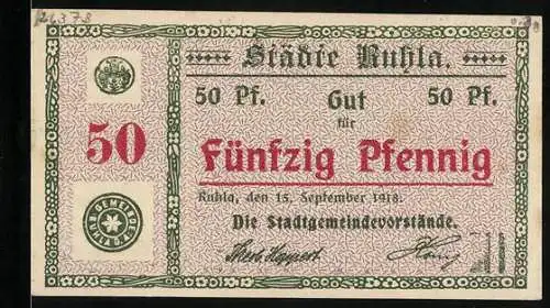 Notgeld Ruhla 1918, 50 Pfennig, Bauern mit Pflug auf dem Acker