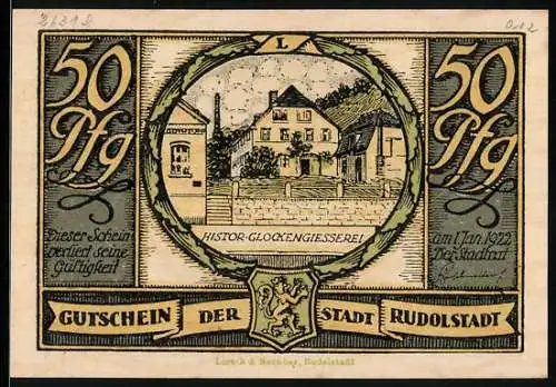 Notgeld Rudolstadt 1922, 50 Pfennig, histor. Glockengiesserei, Turmbrand nach Sturm 1799