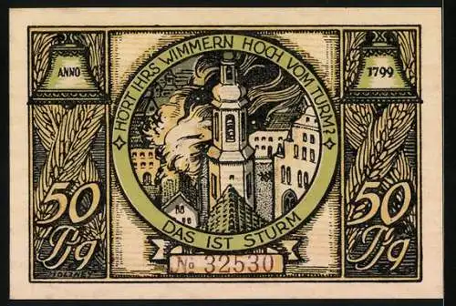 Notgeld Rudolstadt 1922, 50 Pfennig, histor. Glockengiesserei, Turmbrand nach Sturm 1799