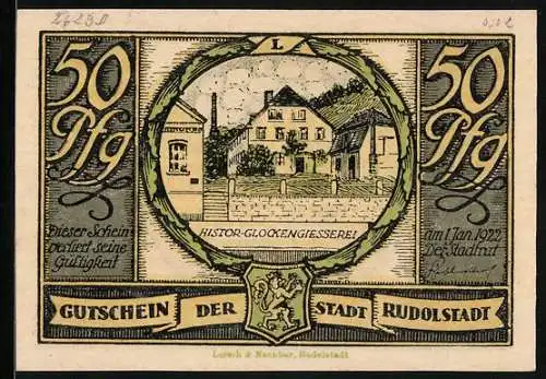 Notgeld Rudolstadt 1922, 50 Pfennig, histor. Glockengiesserei, Turmbrand nach Sturm 1799