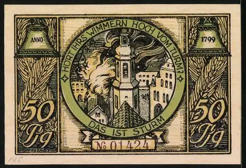 Notgeld Rudolstadt 1922, 50 Pfennig, histor. Glockengiesserei, Turmbrand nach Sturm 1799